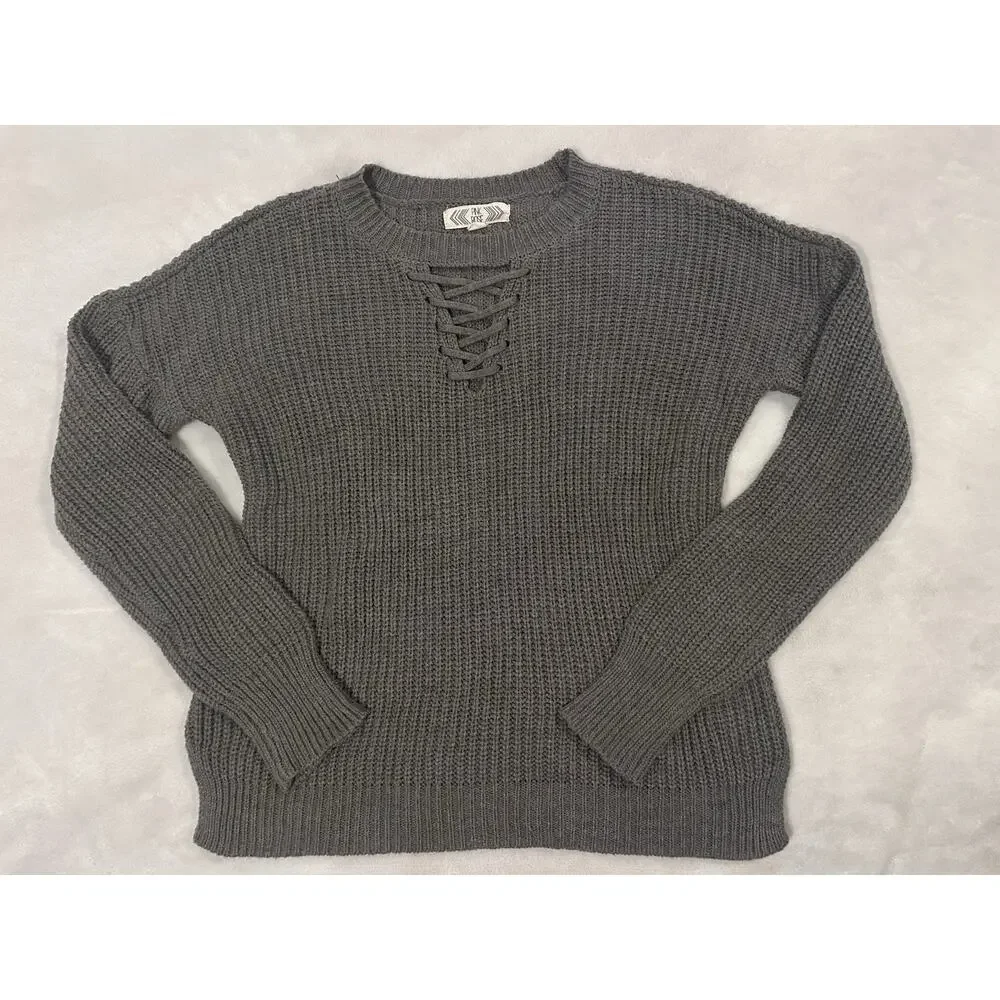 Pink Rose Gray Solid Lace-Up Crewneck Waffle-Knit Pullover Sweater Women S